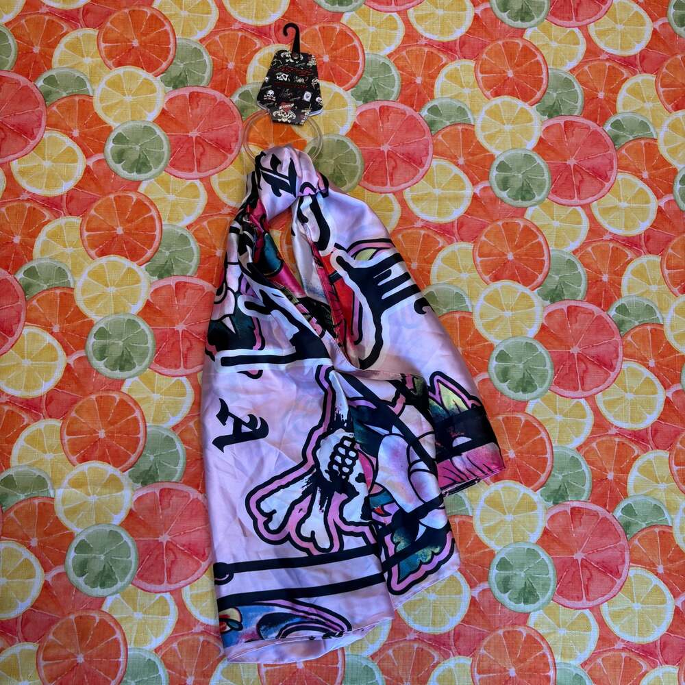 Ed Hardy Pink Black Skull Rose Tattoo Print Silky Satin Fashion Scarf NWT OS